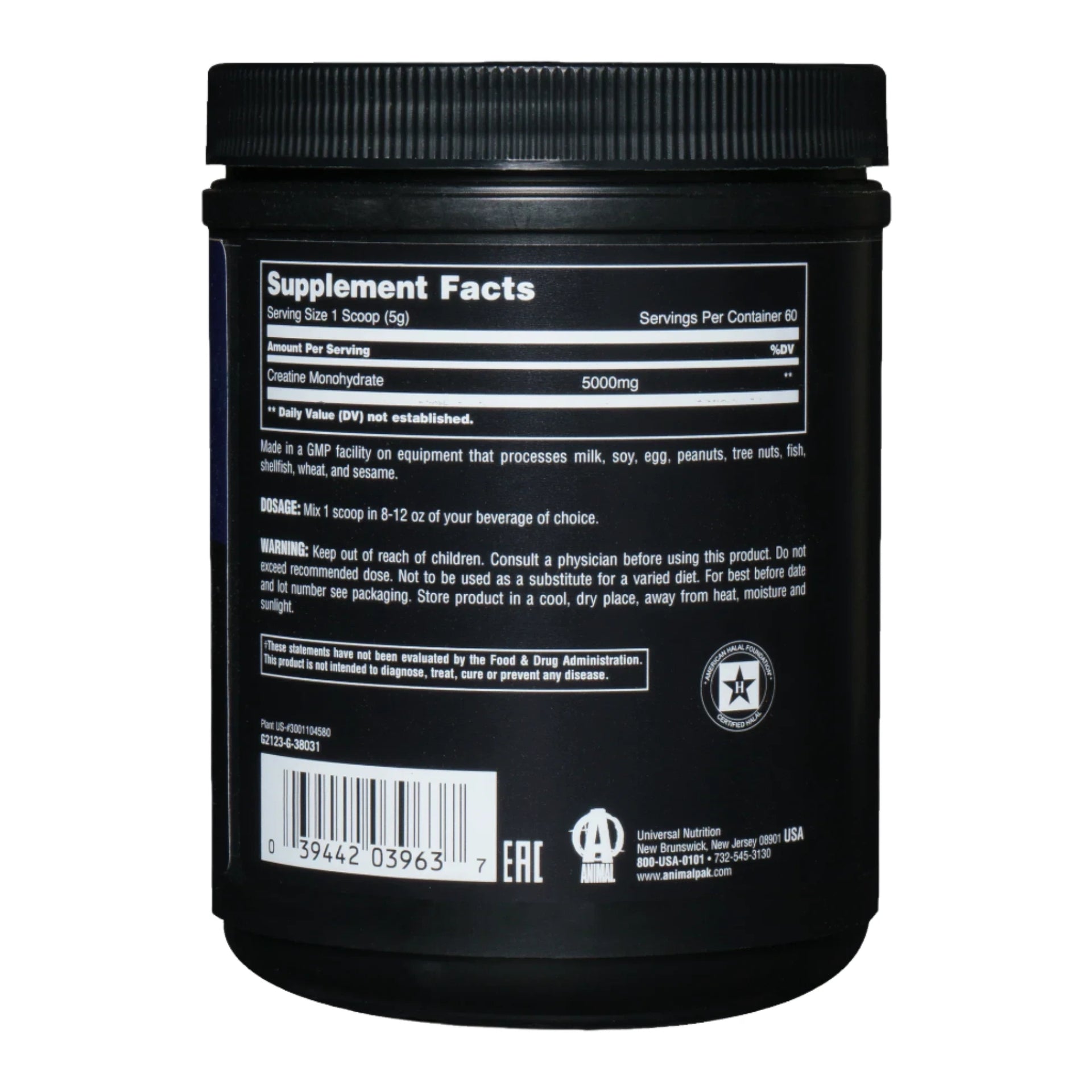 Animal Micronized Creatine Monohydrate Powder Unflavored 1.1 lb (300 g) EXP Sep 2027 - NutriFirst Pte Ltd