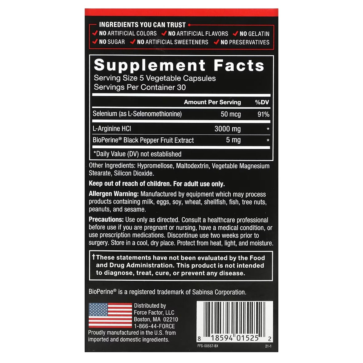 Force Factor L-Arginine 3,000 mg 150 Capsules 600 mg per Capsule EXP July 2027 - NutriFirst Pte Ltd