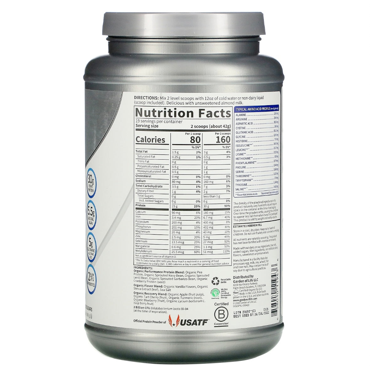 Garden of Life, Sport Organic Plant-Based Protein Vanilla 1 lb 12 oz (806 g) Exp 19 Jul 2025 - NutriFirst Pte Ltd