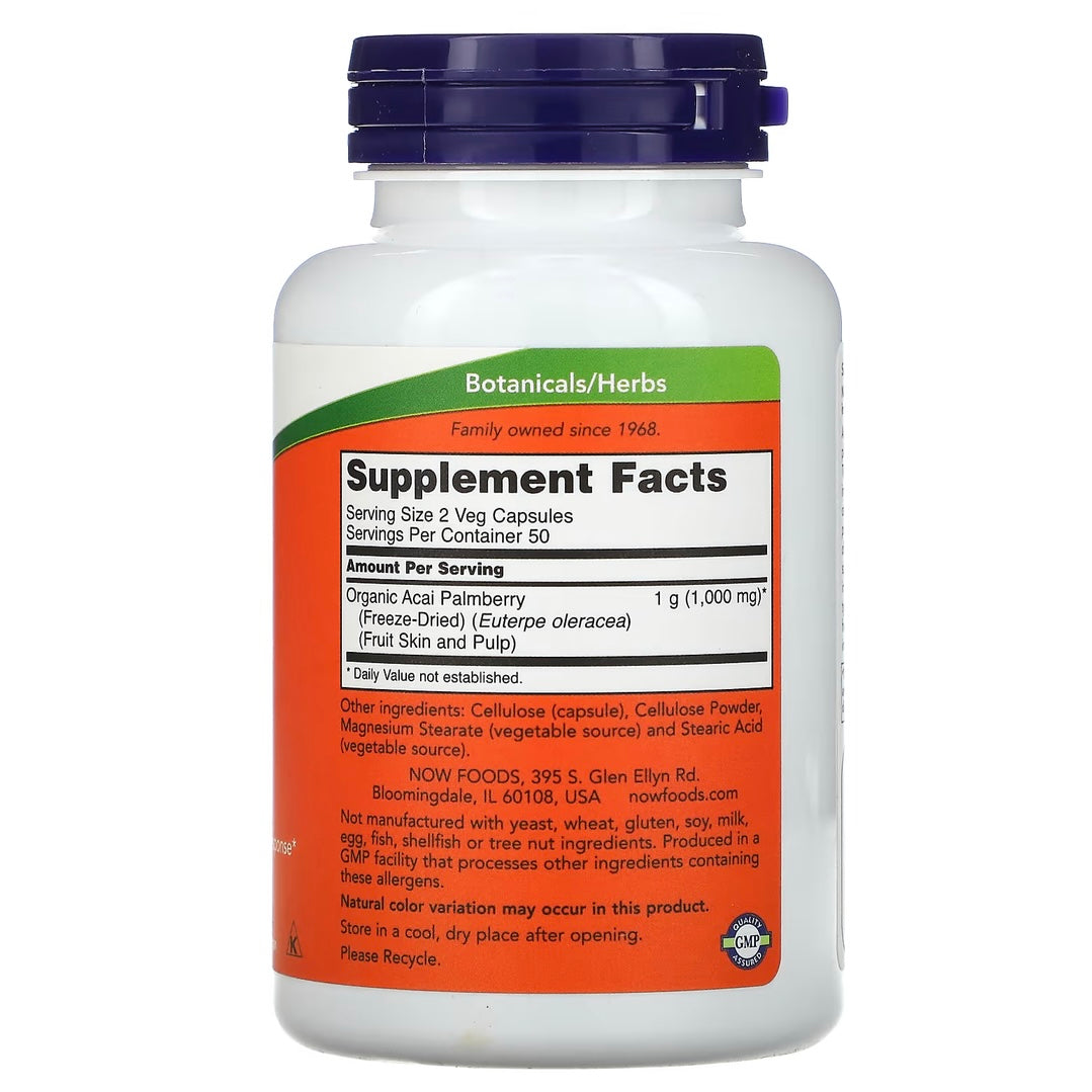 NOW Foods Freeze-Dried Acai 500 mg 100 Veg Capsules EXP May 2027 - NutriFirst Pte Ltd