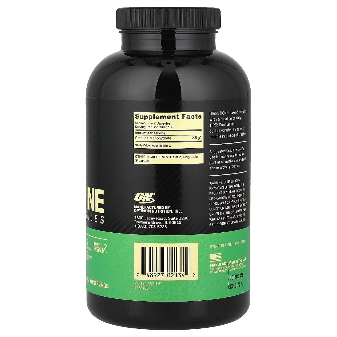 Optimum Nutrition Creatine 2500 Caps 2.5 g 200 Capsules exp Aug 2027