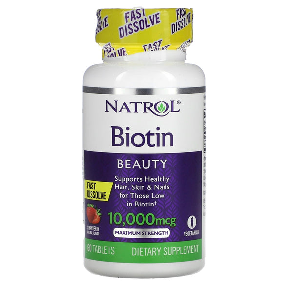 Natrol, Biotin, Fast Dissolve, Maximum Strength, Strawberry, 10,000 mcg, 60 Tablets EXP Feb 2024 - NutriFirst Pte Ltd