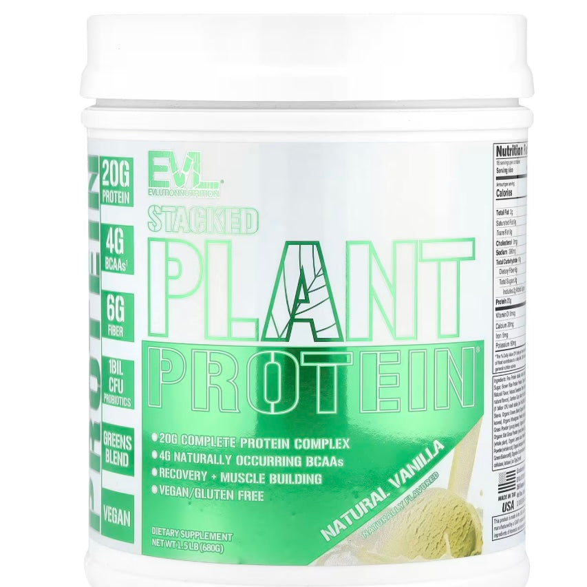 EVLution Nutrition Stacked Plant Protein Natural Natural Vanilla 1.5 lb (680 g) EXP Nov 2027 - NutriFirst Pte Ltd