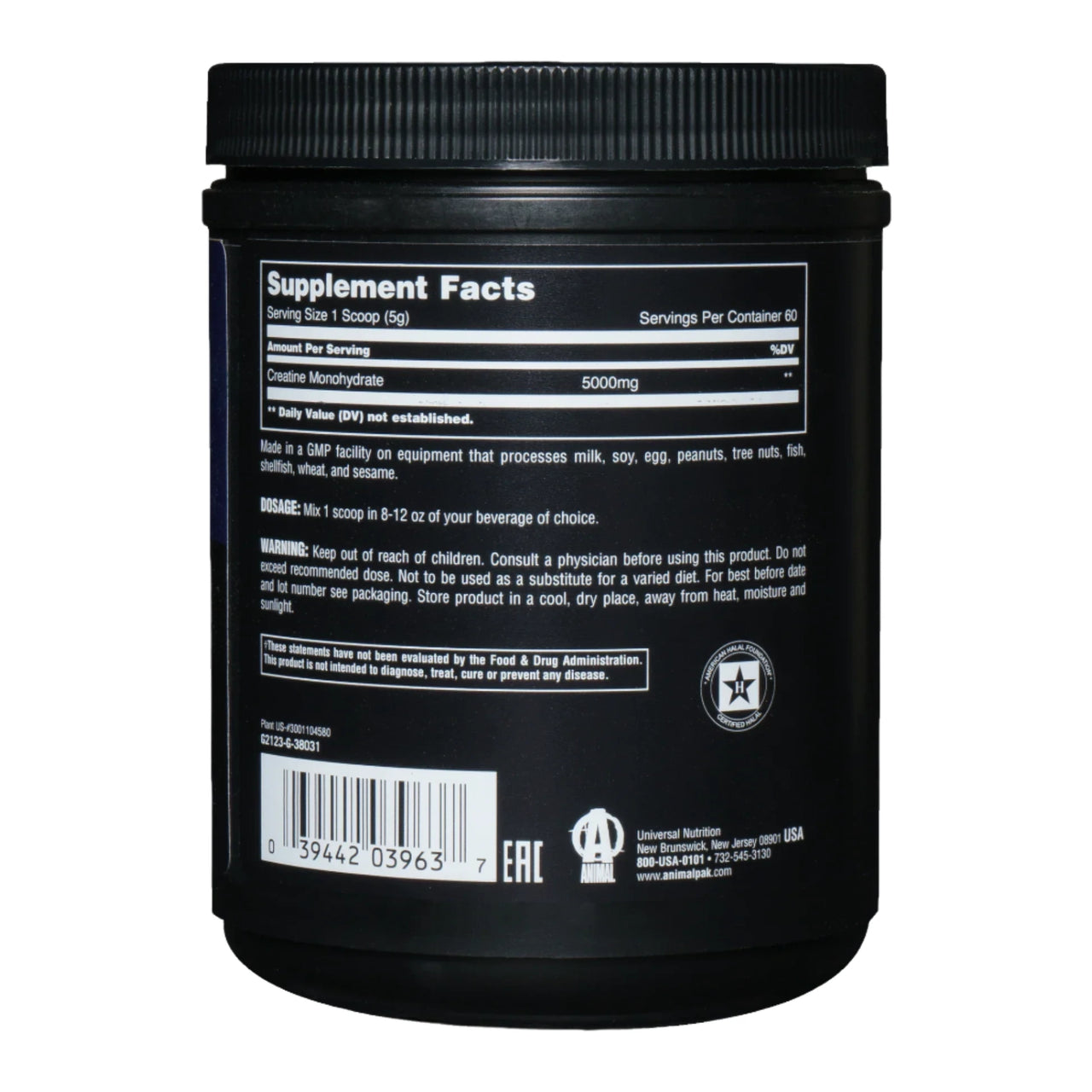Animal Micronized Creatine Monohydrate Powder Unflavored 1.1 lb (300 g) EXP Sep 2027 - NutriFirst Pte Ltd