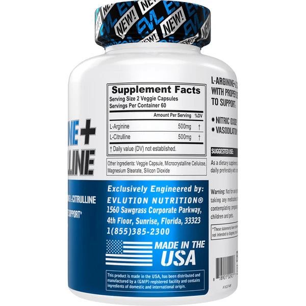 EVLution Nutrition L-Arginine + L-Citrulline 120 Veggie Capsules EXP Nov 2026 - NutriFirst Pte Ltd