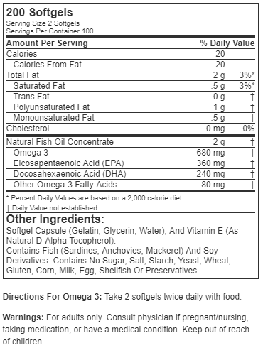 NOW Omega-3 1000mg Fish Oil Concentrate (200 Softgels) - NutriFirst Pte Ltd